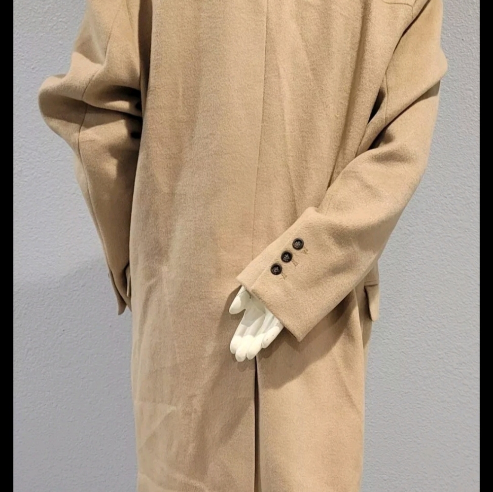 VINTAGE 70s Big Faux Collar Wool Coat Beige Tan BLACK LABEL SIZE L - Picture 8 of 13